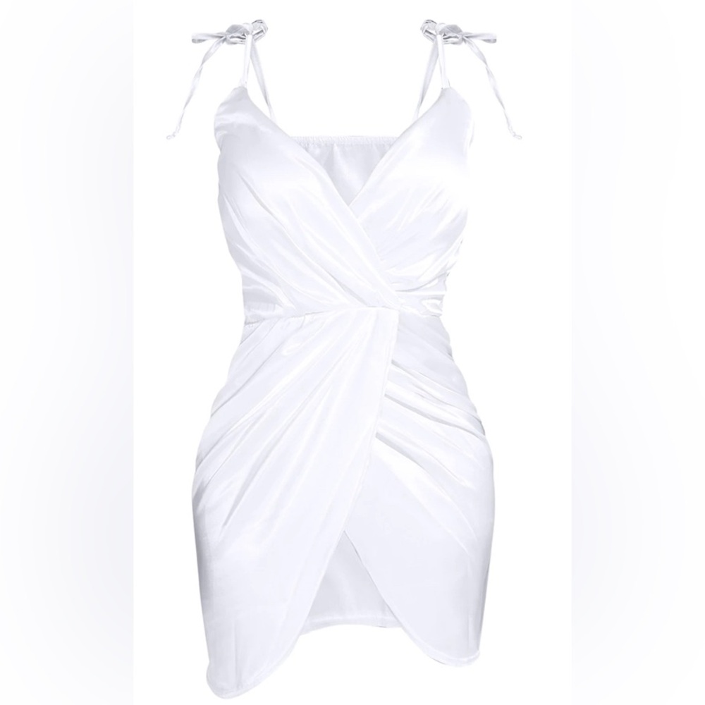 Pretty Little Thing White Satin Tie Shoulder Wrap Bodycon Dress Size 12 NWT